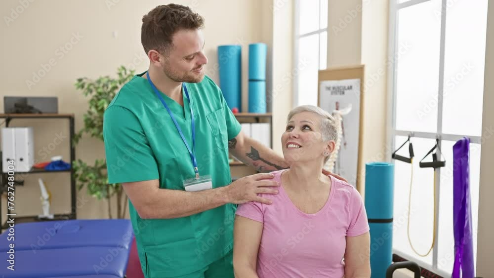 A male physiotherapist assists a smiling female patient during a shoulder exercise in a bright physiotherapy clinic. A male physiotherapist assists a smiling female patient during a shoulder exercise in a bright physiotherapy clinic.