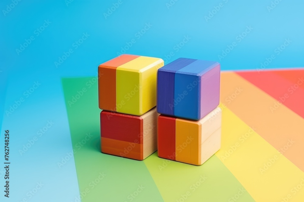 Stacked wooden cubes in vibrant colors against a blue backdrop. Colorful Wooden Blocks on Blue Background Stacked wooden cubes in vibrant colors against a blue backdrop. Colorful Wooden Blocks on Blue Background