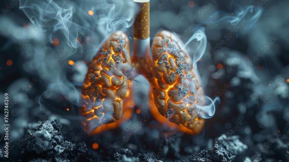 Toxic Habit: Depiction of Cigarette Butt Amid Human Lungs, Embodying Smoke Addiction Toxic Habit: Depiction of Cigarette Butt Amid Human Lungs, Embodying Smoke Addiction