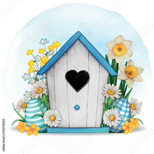 watercolor hand drawn easter birdhouse