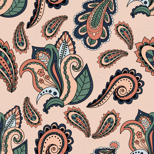 Hand draw seamless pattern with arabic, oriental, indian motiv. Traditional ornament, paisley