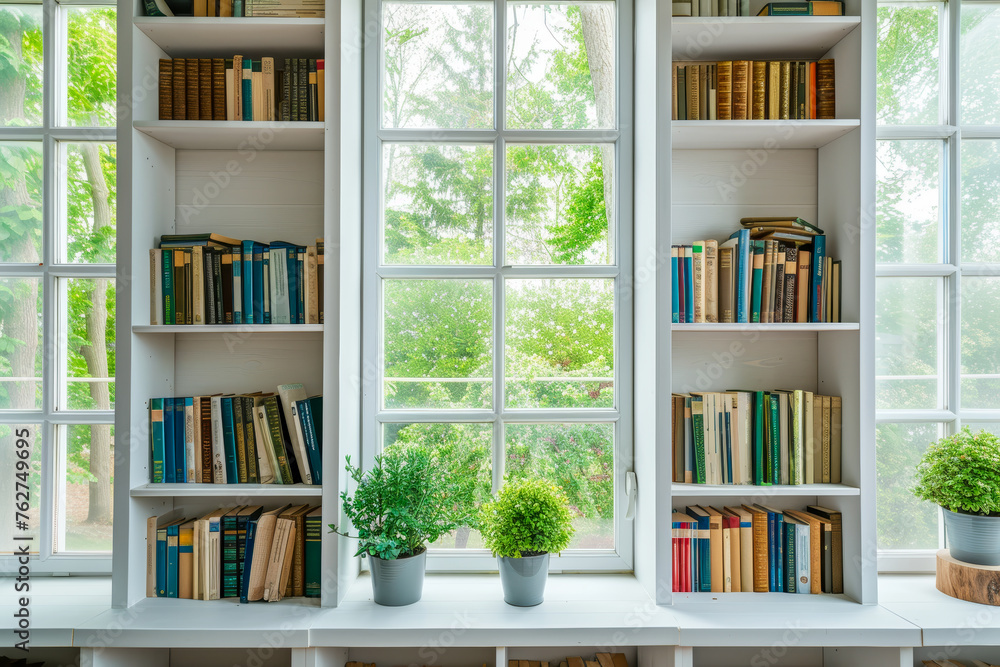 Bright and peaceful home library nook with shelves full of books beside a large window overlooking greenery. This space is ideal for readers who cherish natural light and a quiet corner for reading Bright and peaceful home library nook with shelves full of books beside a large window overlooking greenery. This space is ideal for readers who cherish natural light and a quiet corner for reading