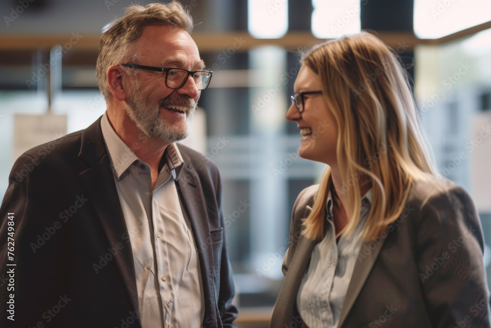 A smiling boss and a team member discussing business strategies in a warmly lit office A smiling boss and a team member discussing business strategies in a warmly lit office
