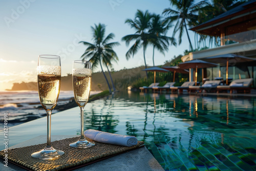 Toasting to paradise with champagne by an infinity pool at a luxurious tropical retreat. Generative AI.