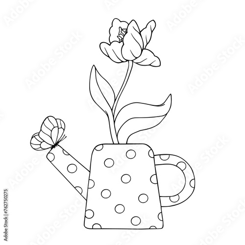 Line sketch, coloring of a spring tulip flower in a vintage garden watering can.Vector graphics.