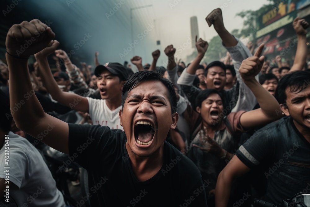 Crowd of people protesting on a street - obrazy, fototapety, plakaty 
