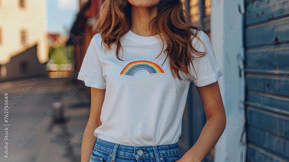 LGBTQ community concept, a girl wearing white t shirt and rainbow color logo , pride month
