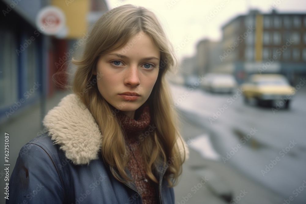 Fototapeta premium Young woman serious face on city street in 1970s