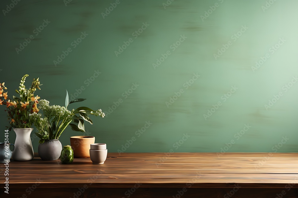 Empty wooden table with vases and coffee cup. Mock up, 3D Rendering
