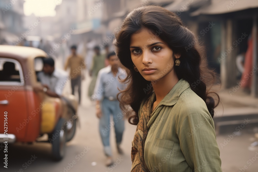 Young woman serious face on city street in 1970s Young woman serious face on city street in 1970s