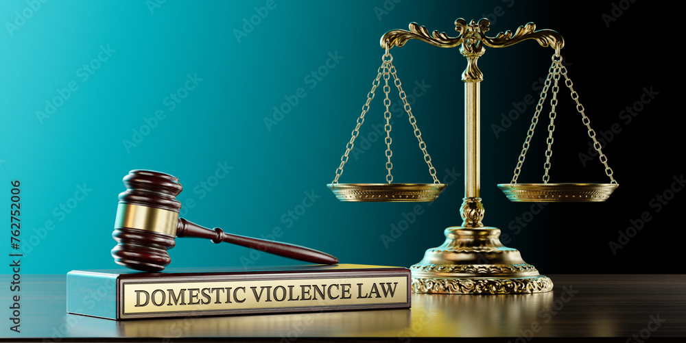 Domestic violence law: Judge's Gavel as a symbol of legal system, Scales of justice and wooden stand with text word - obrazy, fototapety, plakaty 