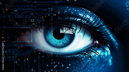 Internet security and data protection with a human eye as monitoring of hackers or hacker attacks by cyber criminals