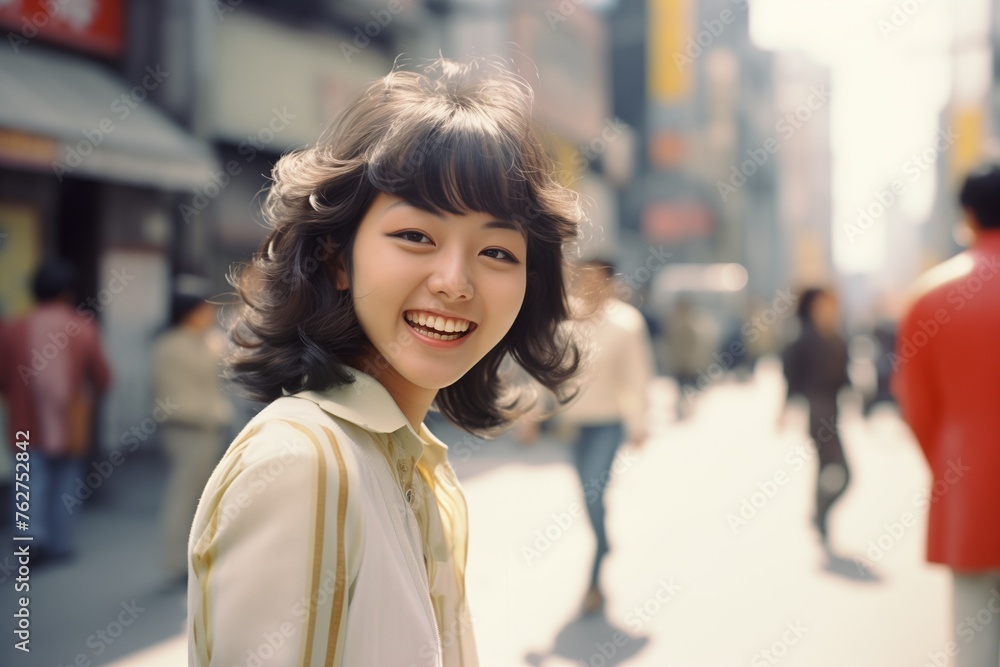 Fototapeta premium Young woman smiling on city street in 1970s