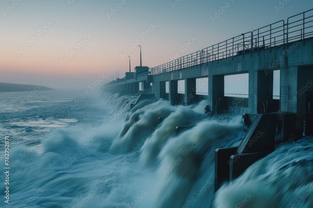 A tidal power station under the soft glow of the setting sun, the moving water symbolizing the generation of renewable energy - obrazy, fototapety, plakaty 