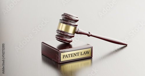 Patent Law: Judge's Gavel as a symbol of legal system, Themis is the goddess of justice and wooden stand with text word