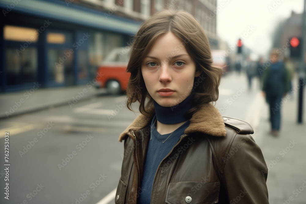 Young woman serious face on city street in 1970s Young woman serious face on city street in 1970s