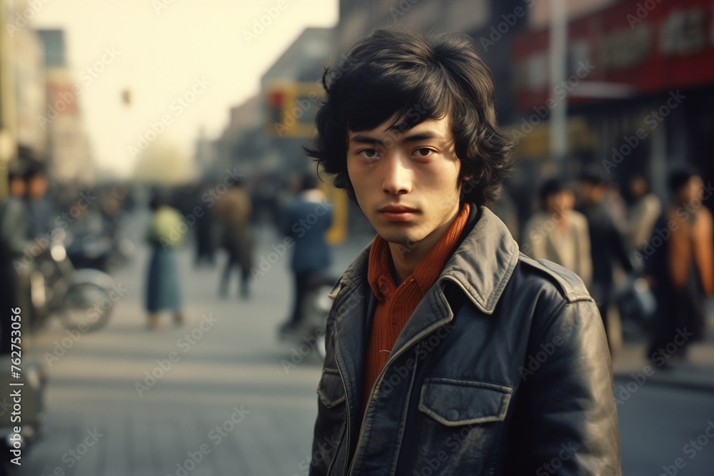 Young Asian man serious face on a city street Young Asian man serious face on a city street