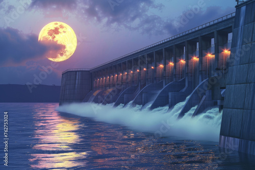 A tidal power station under the soft, warm glow of the moon