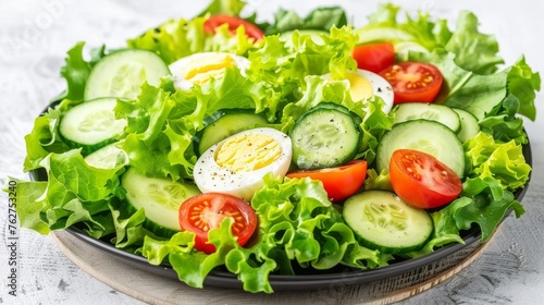 a salad with lettuce, tomatoes, cucumbers, and an egg in a bowl on a table.