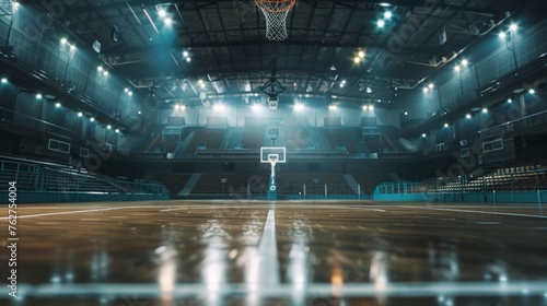 large basketball court with stands and lights on