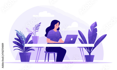 Woman freelancer sitting on a chair behind a desk and working on a laptop in the office, vector illustration in violet colors on white background