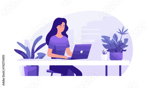 Woman freelancer sitting on a chair behind a desk and working on a laptop in the office, vector illustration in violet colors on white background