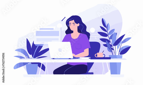 Woman freelancer sitting on a chair behind a desk and working on a laptop in the office, vector illustration in violet colors on white background