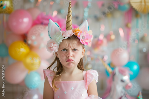 Annoyed little girl in pink at unicorn birthday party