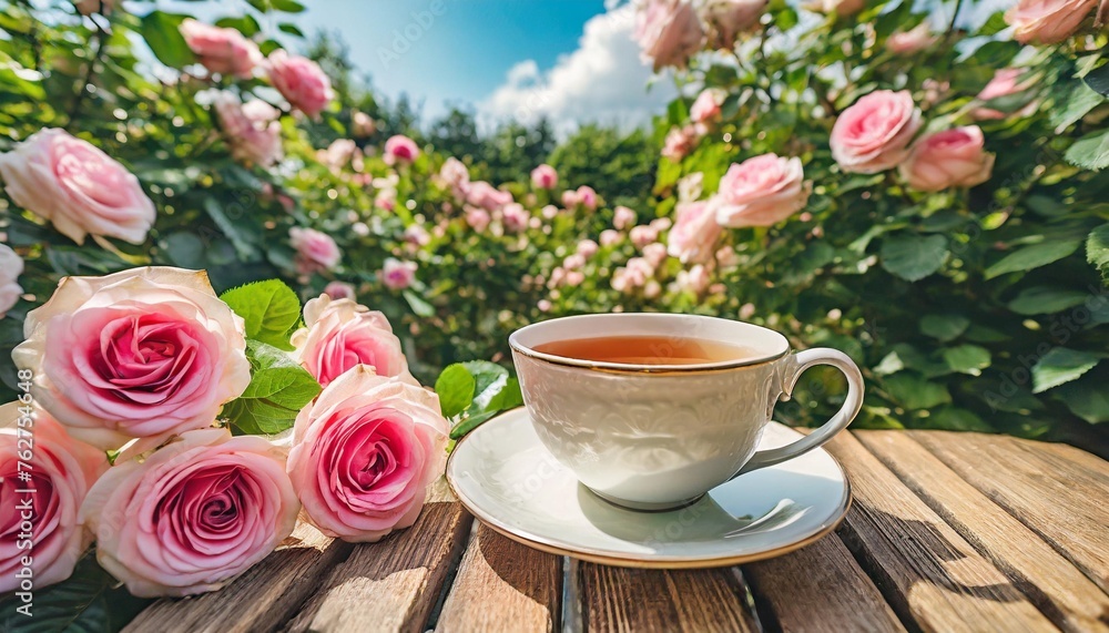 cup of tea and pink roses flowers in the garden copy space illustration cup of tea and pink roses flowers in the garden copy space illustration