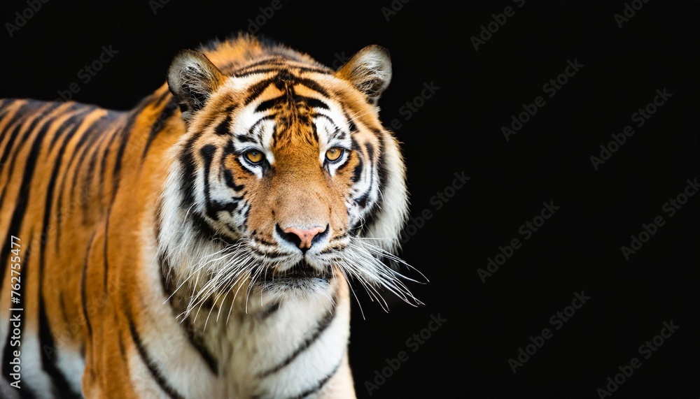 tiger portrait isolated on black background spectacular majestic proud animal walking forward wide panoramic banner with panthera tigris and empty copy space