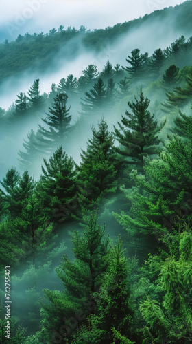 Pine tree forest in the mountain mist