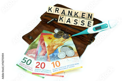 schweizer krankenkasse money purse with swiss bank notes