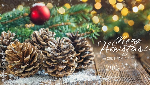 weihnachtskarte mit deutschem text frohe weihnachten und ein gutes neues jahr 2023 dekoration mit zapfen und tannenzweig weihnachtsgrusse hintergrund banner header photo