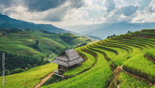 top view of terrace rice field with old hut at countryside in mu cang chai near sapa city photo