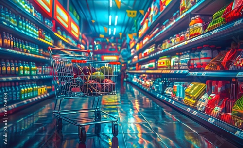 Einkaufswagen mit gesunden Lebensmitteln im Supermarkt, Konzept gesunde Ernährung, Inflation