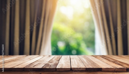 wooden table top on blurred background of half curtained window
