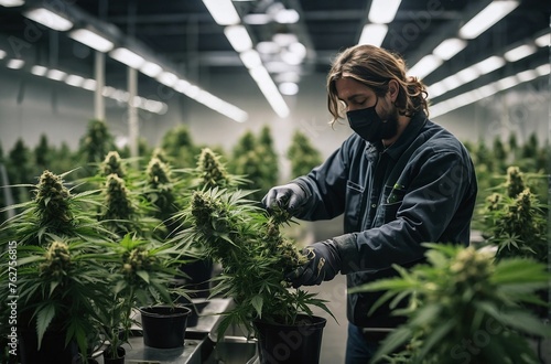 Worker Harvesting Marijuana. A young male worker grows medicinal cannabis plants in a greenhouse, providing careful care and cultivation of medicinal herbs 