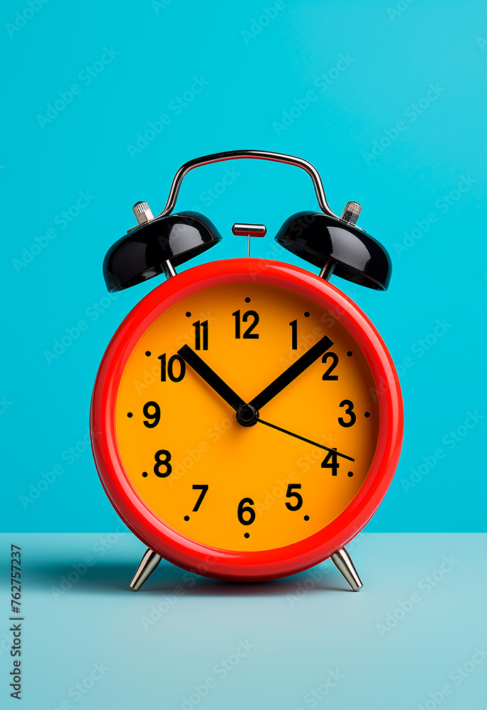 A red alarm clock with a white face and black numbers. The time is 10:30. The clock is sitting on a blue surface A red alarm clock with a white face and black numbers. The time is 10:30. The clock is sitting on a blue surface
