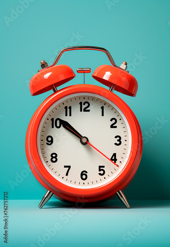 A red alarm clock with a white face and black numbers. The time is 10:30. The clock is sitting on a blue surface 