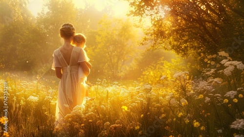 mom carrying his daughter with nature and sunlight, enjoyment family.