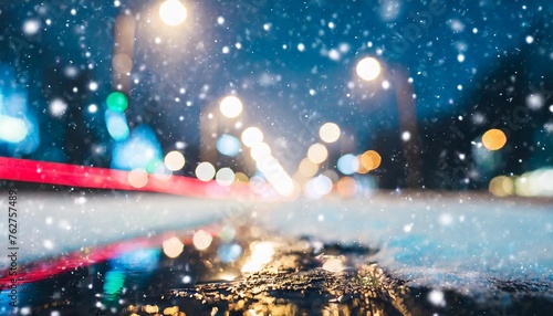 winter abstract blurred background with bokeh blurry night city lights in reflection on a snowy road neon light falling snow snowflakes