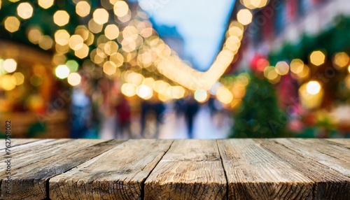 empty table and blur christmas market bokeh lights background template