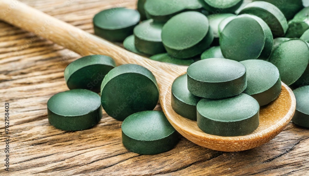 chlorella or spirulina tablets and powder in wooden spoon on wooden background nutritional supplement detox superfood chlorella or spirulina tablets and powder in wooden spoon on wooden background nutritional supplement detox superfood
