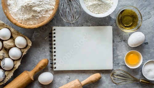 top view mockup of a recipe with baking and cooking ingredients on a grey concrete background