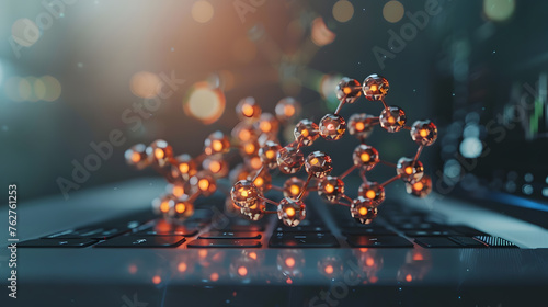 A computer keyboard with a red molecule on it. The molecule is made up of many small red balls.Digital visualization of breakthrough medication's molecular structure on laptop. photo