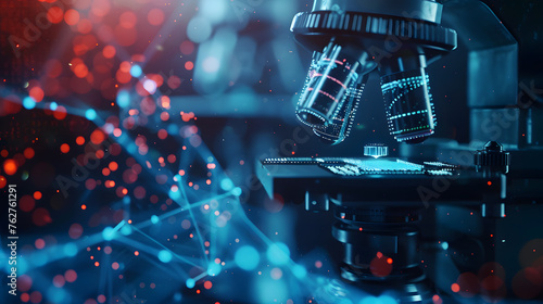 Biotechnology research: microscopic samples, digital analysis, copy space.. A close up of a microscope with a hand in front of it. The image is a representation of the idea of science and discovery.