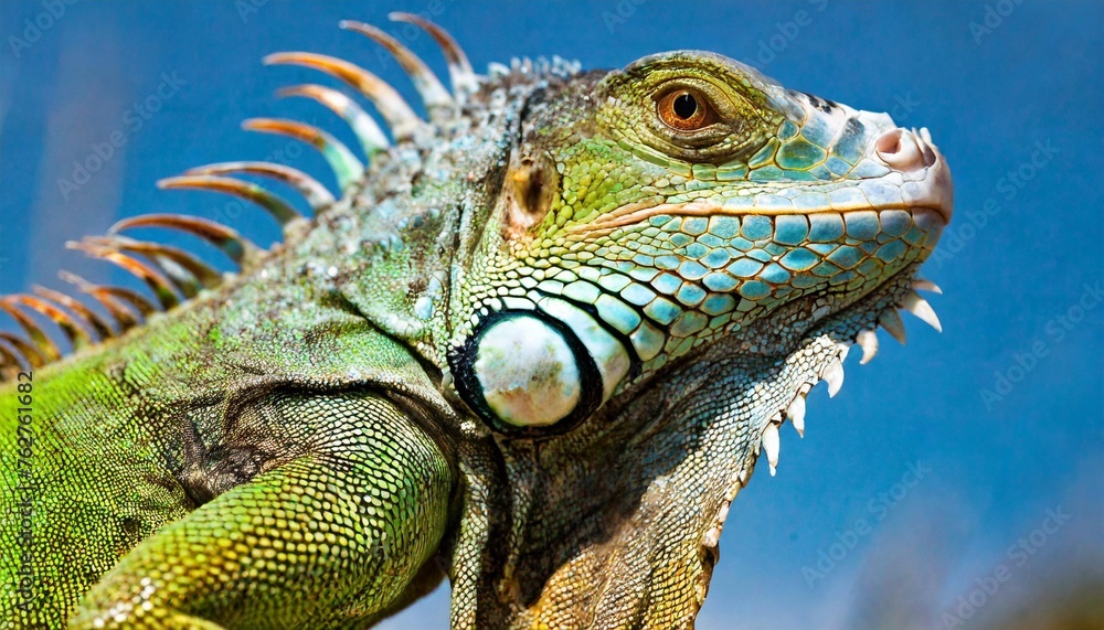 Fototapeta premium beautiful green iguana on a blue background