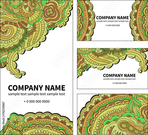 Business card with hand draw arabic, oriental, indian motiv. Traditional ornament, paisley