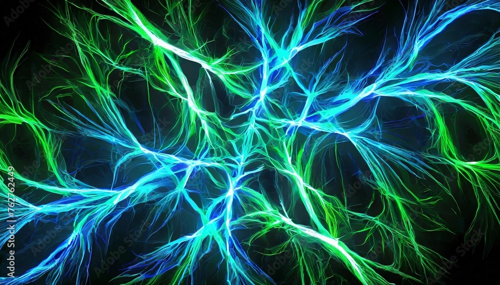 Fototapeta premium abstract background of neon blue and green lightnings on a dark background fractal pattern for creativity and design