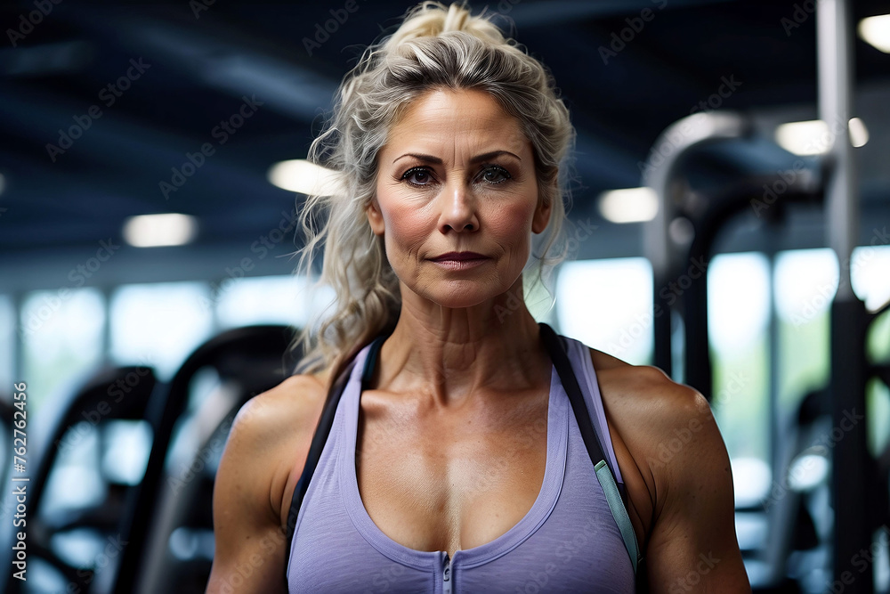 Fototapeta premium Portrait of an adult woman in a gym with exercise equipment in the background